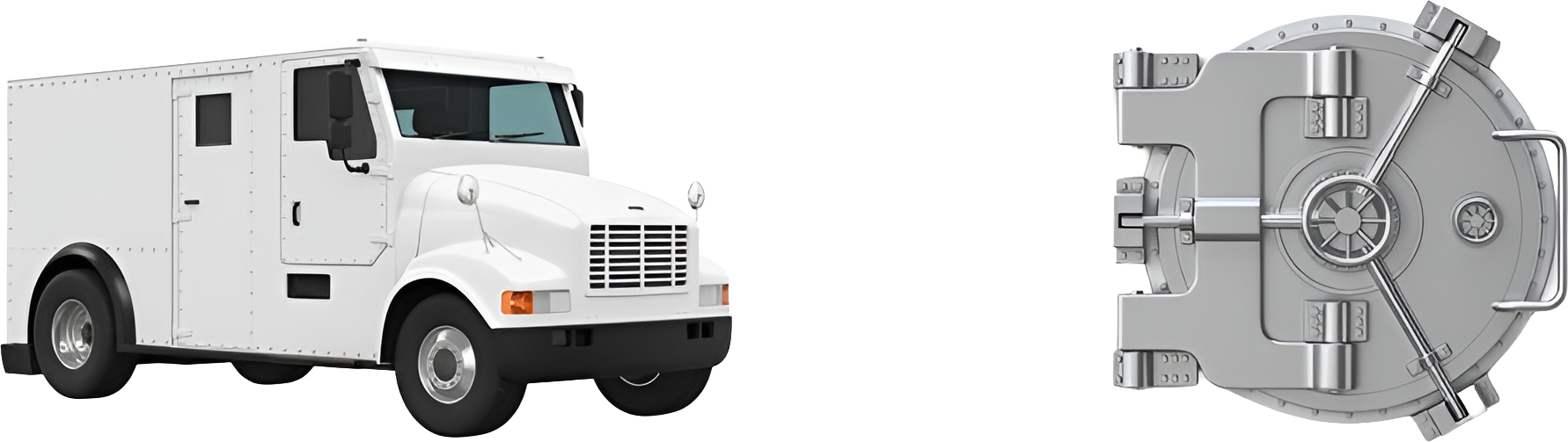 Armored transport truck alongside a secure bank vault door