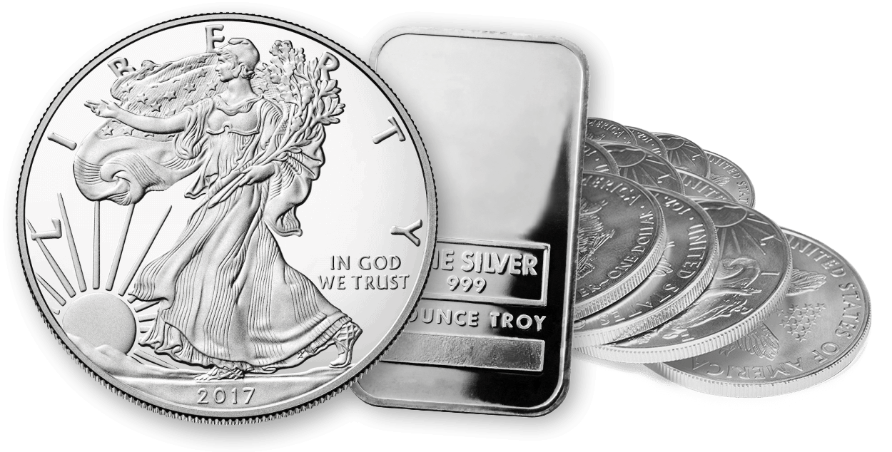 American Silver Eagle coins and a one-ounce .999 fine silver bar