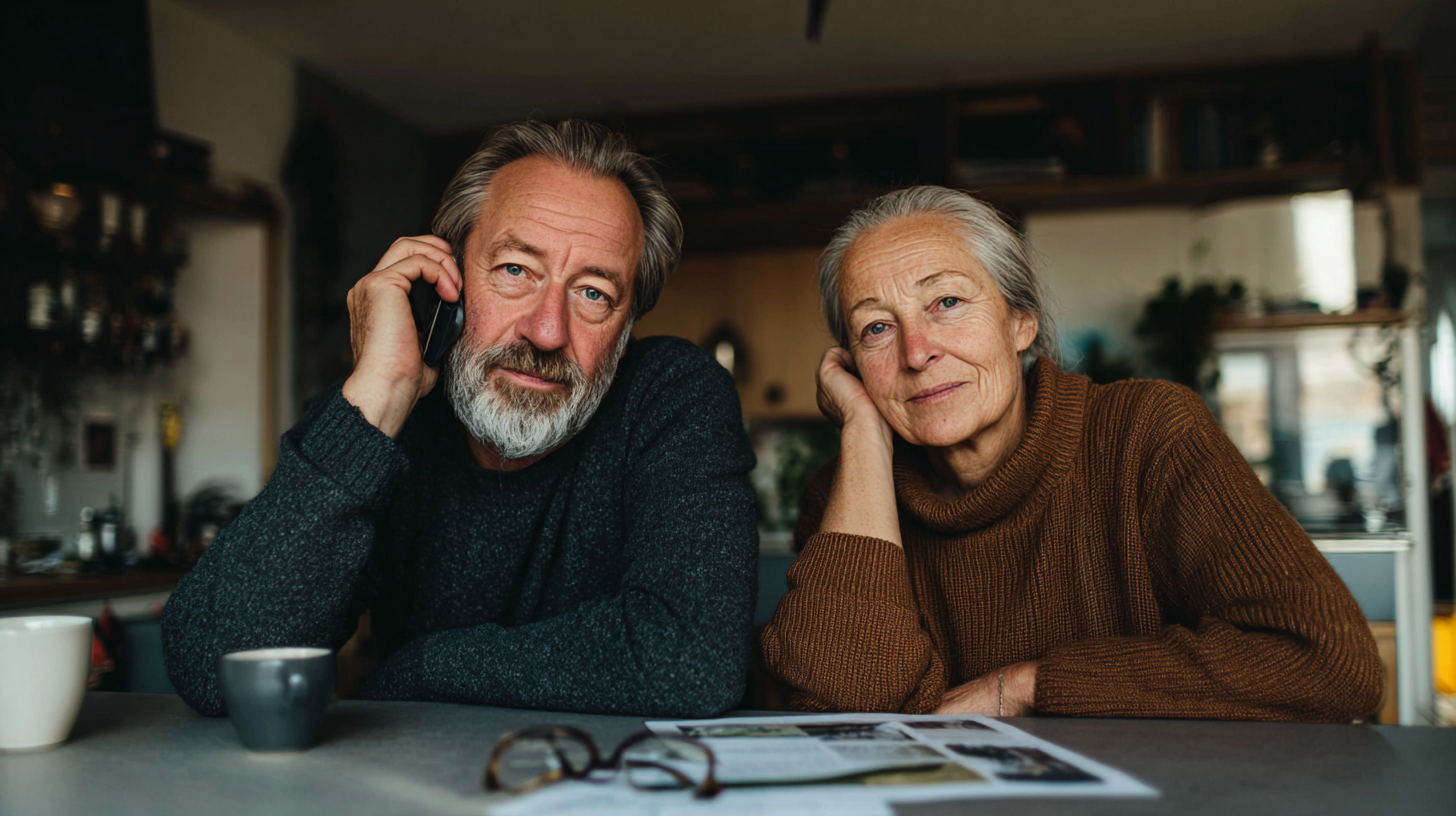 A couple in their sixties at a kitchen island, the husband on the phone with a Priority Gold advisor while his wife reads a brochure