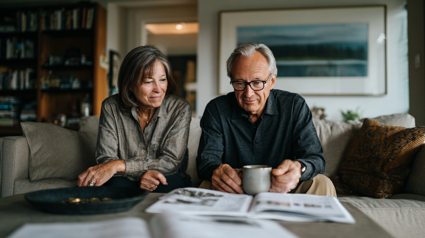 A couple in their sixties reviewing a printed retirement guide together at home