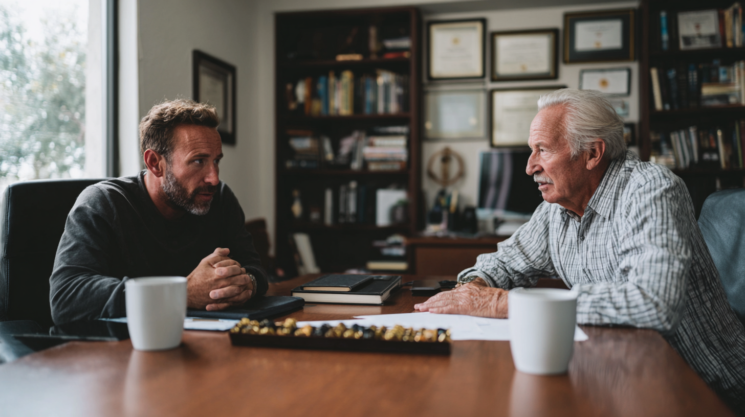 A senior precious metals advisor meeting with a client across a walnut desk