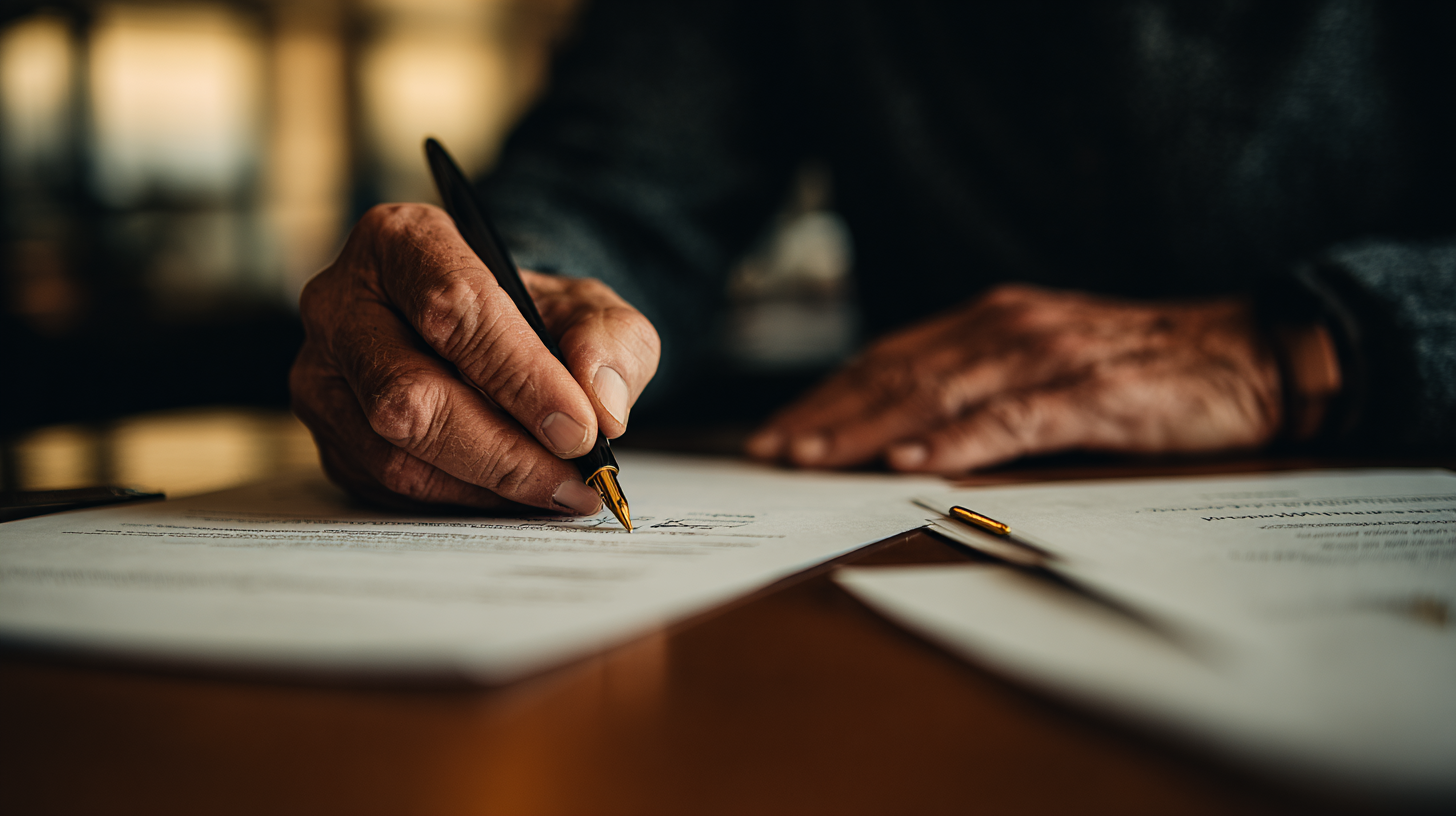 A client signing a printed application folder with a fountain pen at a wood desk