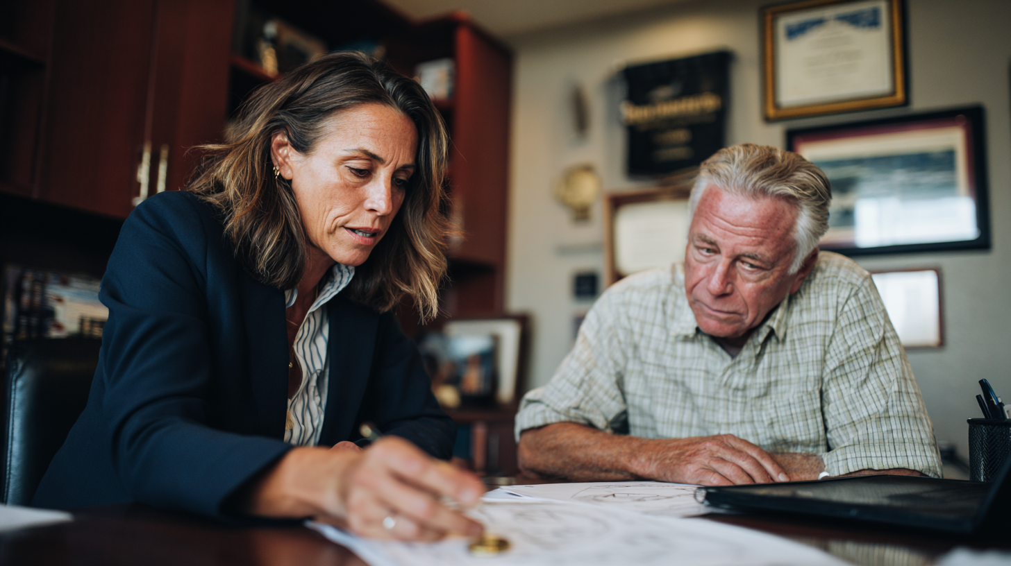A financial advisor in a navy blazer explaining a printed guide to a client at a desk