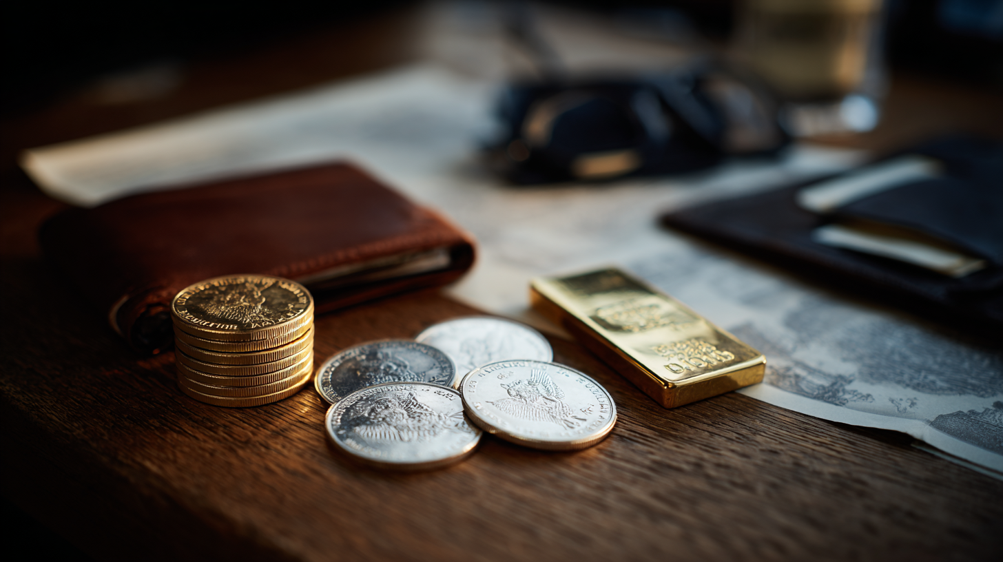Gold and silver American Eagle coins and bars arranged on a dark walnut desk